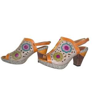 L'Artiste Belen Floral Leather Slingback Stacked Heel Sandals 36